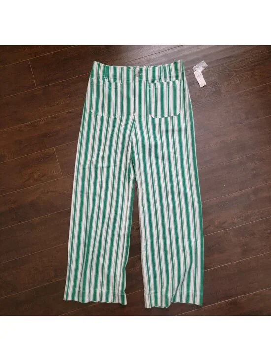 Anthropologie Colette Striped Full Length Wide Leg Pants Green Linen Womens 31 - Picture 3 of 9